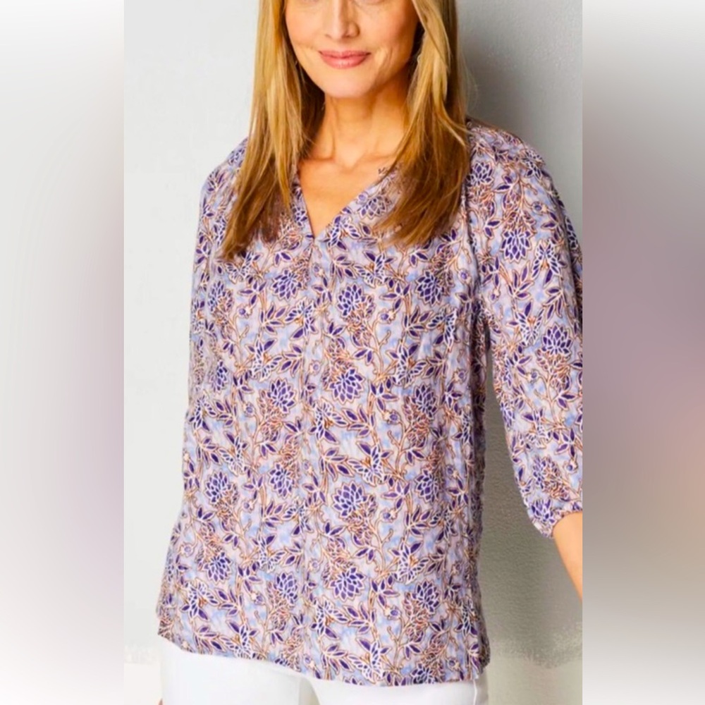 J.Jill Love Linen Peasant Top. Purple Floral Print With Ruffle Around Neck.SZ Lg